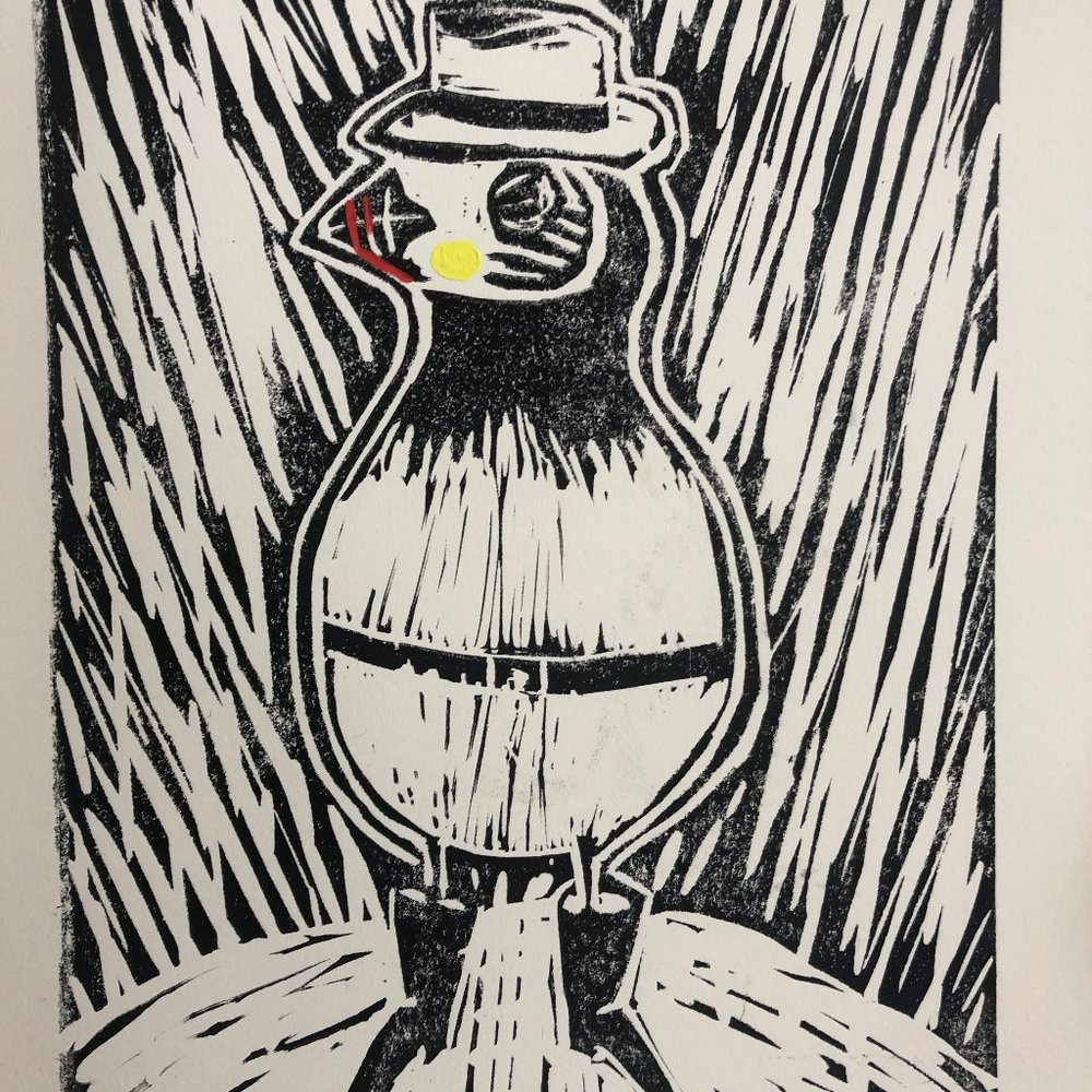 Handmade Lino Print Cowboy Puffin Detective Walnut